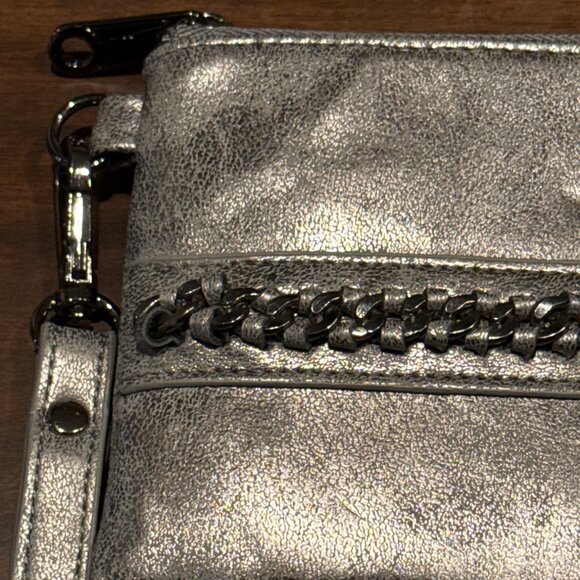 Vegan Metallic Silver Wristlet Wallet Chain Detail & Multiple Compartments - Picture 3 of 10